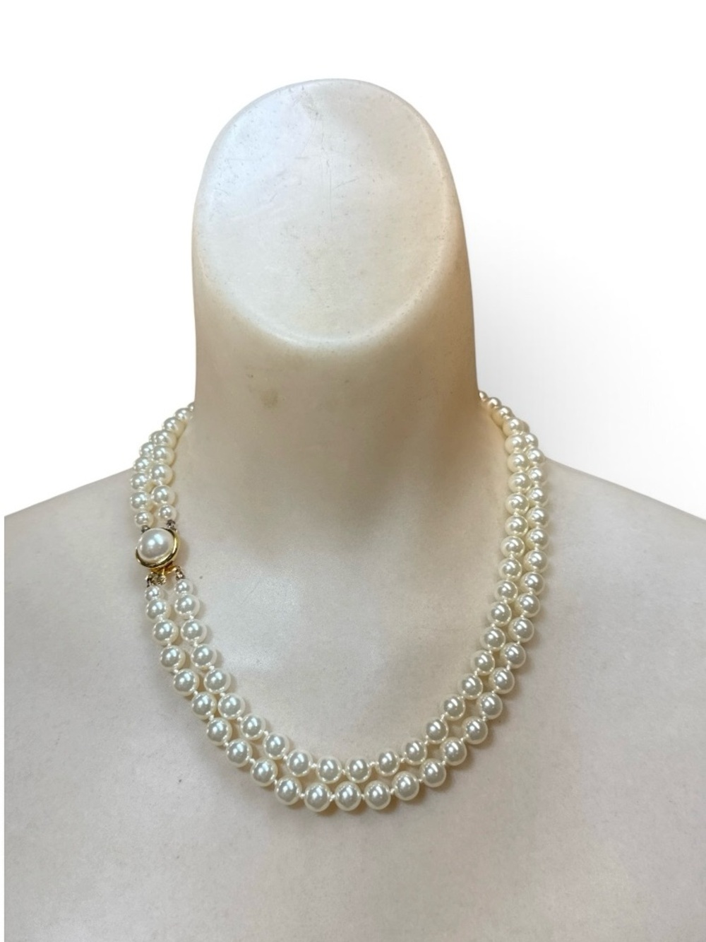 Vintage Double Strand Warm Cream Glass Shell Imitation Pearl Necklace 19”